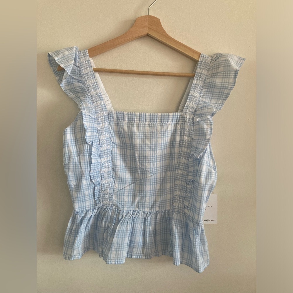 Japna Blue Gingham Plaid Flutter Sleeve Peasant Top Small NWT